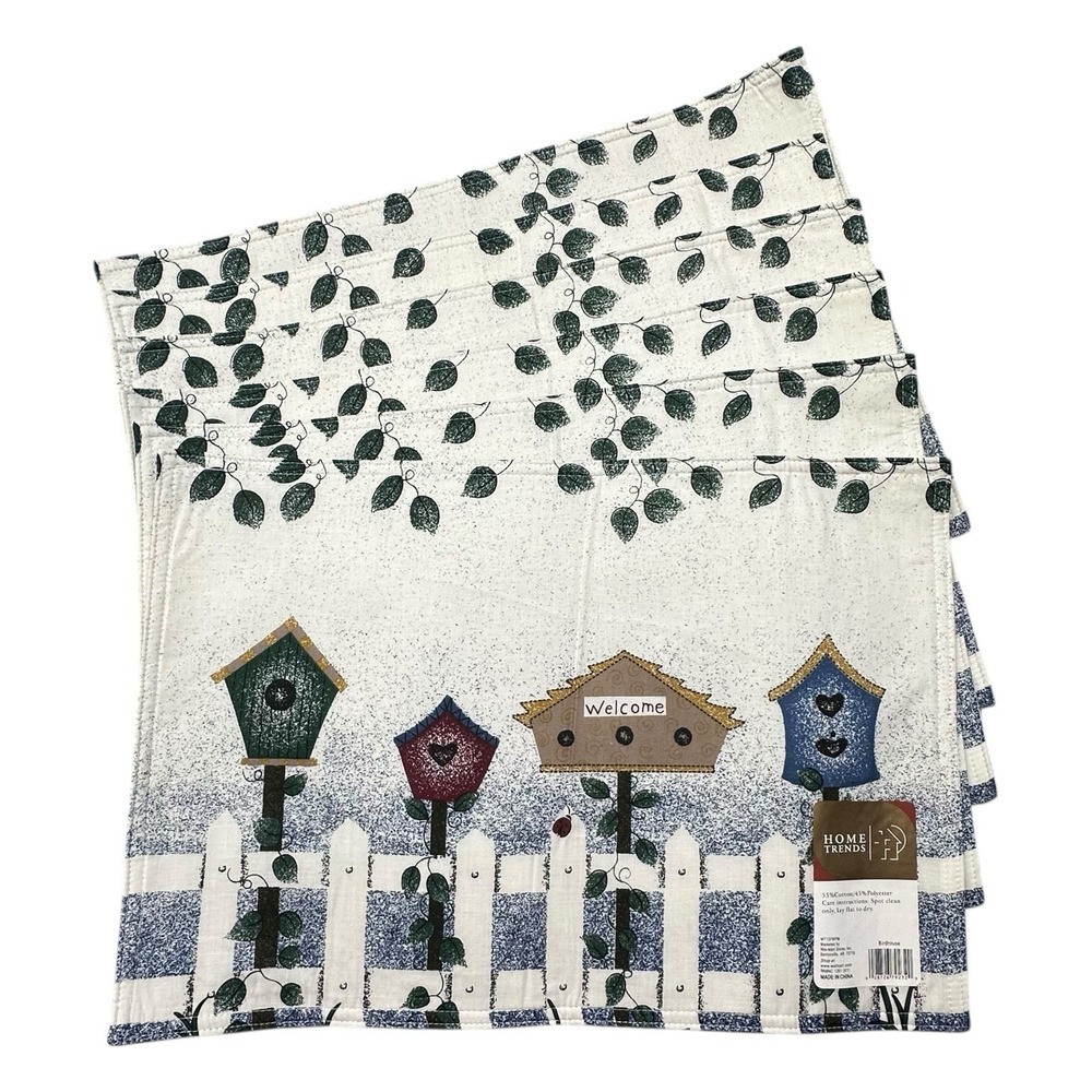 NEW Birdhouse‎ Fabric Placemats SET OF 6 Home Trends Picket Fence Farmhouse VTG